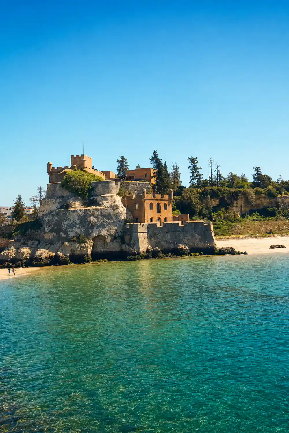 A hilltop fort above the river mouth with a beach below